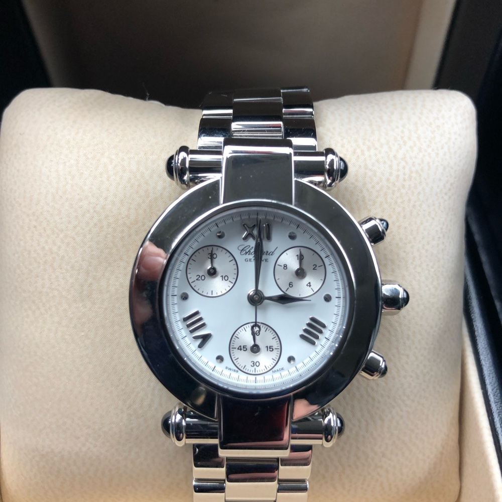 Chopard Imperiale 38/8389-23 Silver Chronograph Watch w/ White Dial & Sapphires
